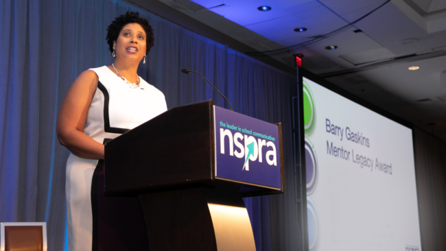 Lesley Bruinton at the NSPRA podium.