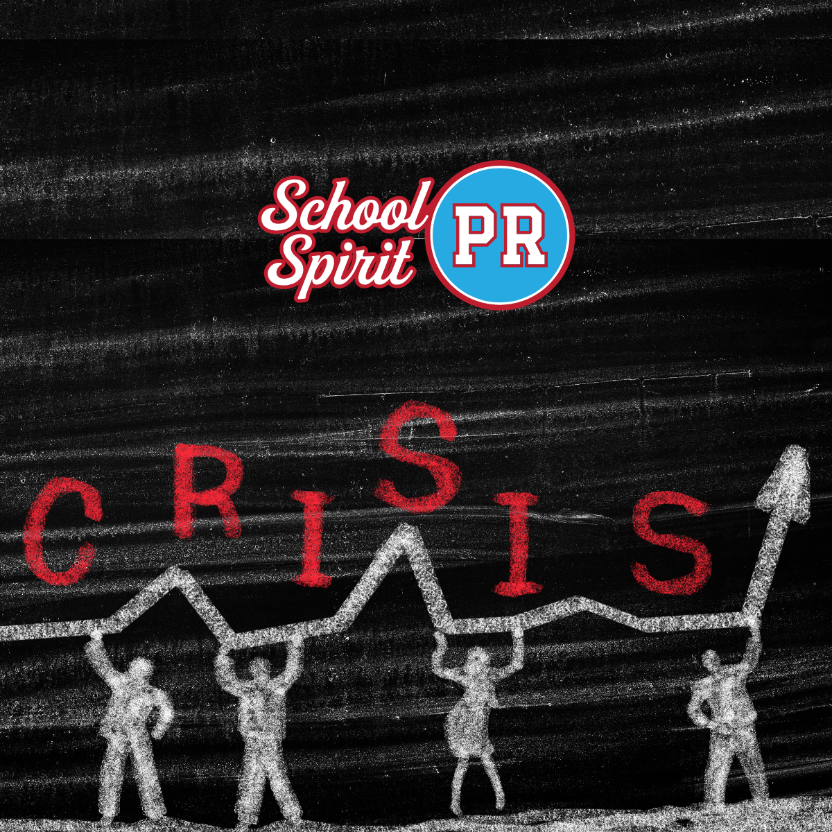 Stick figures drawn in chalk holding up red letters reading "CRISIS"